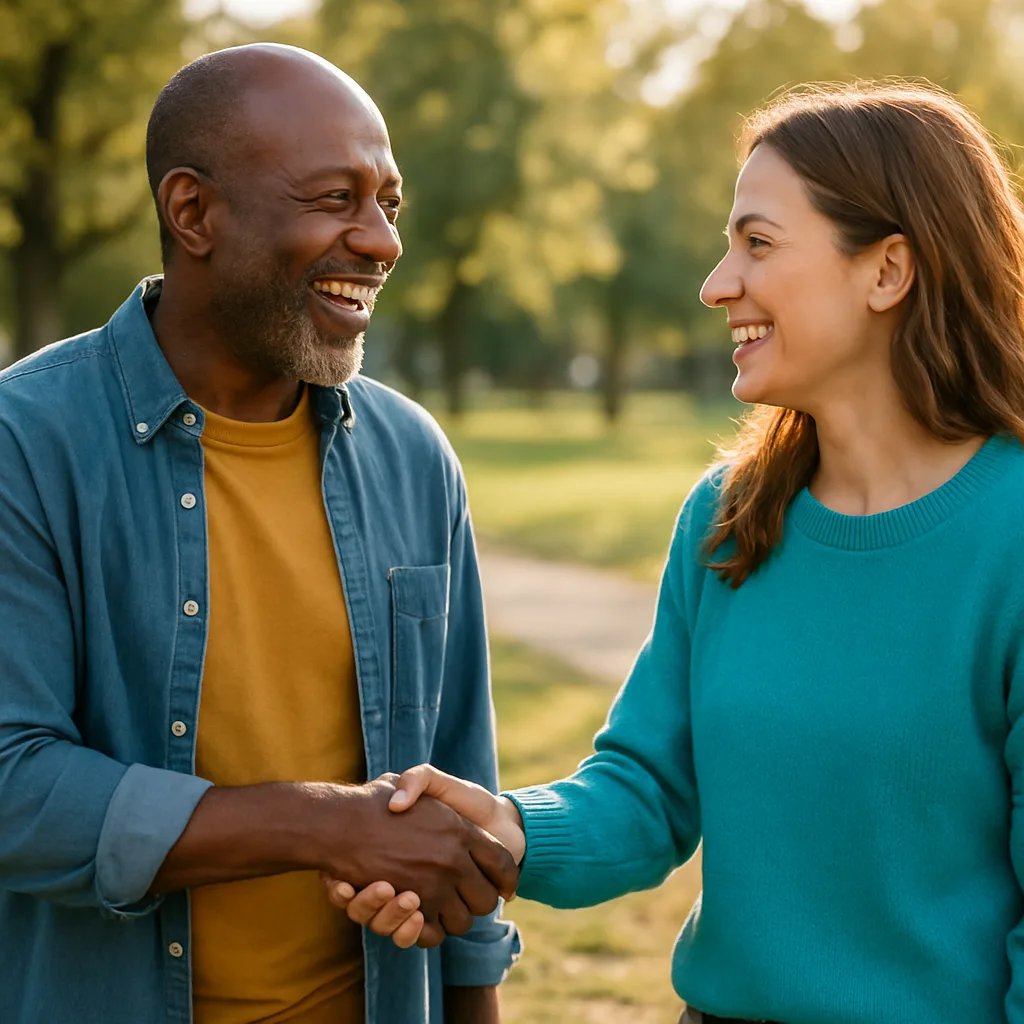 Two people meeting at a local park — genuinely local Bedfordshire dating