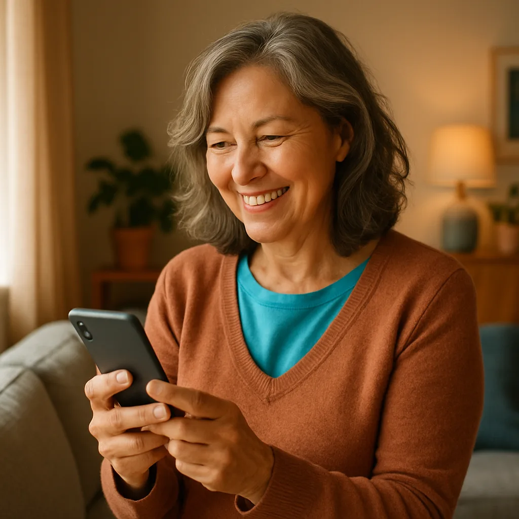 Smiling woman confidently checking her phone — verified profiles on The Bedfordshire Dating Site